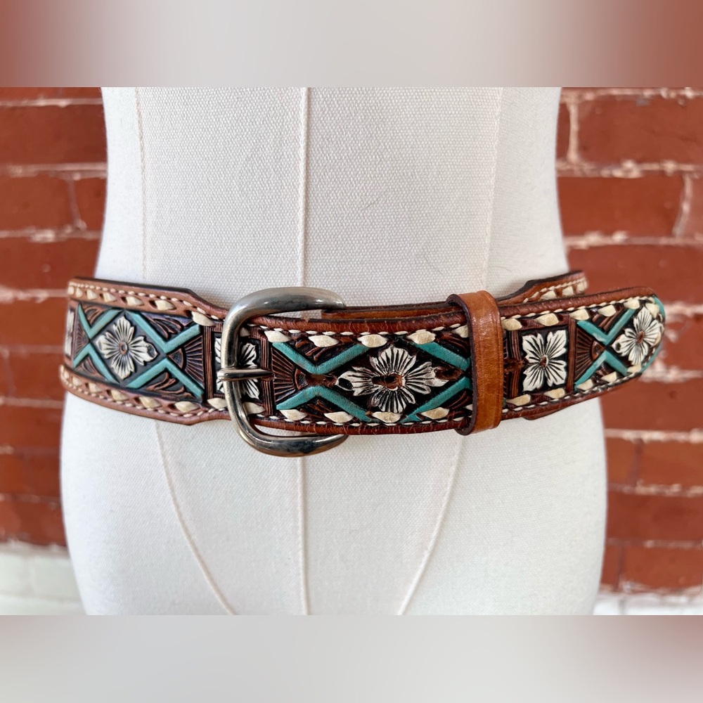 Tony Lama Tooled and Painted Belt  Floral Western Turquoise White Brown Leather